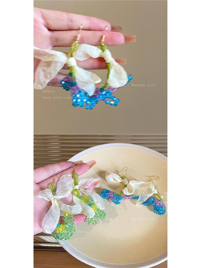 Green Island Beaded Flower Earrings: Spring Dopamine Style, Exaggerated Beach Vacation Jewelry for Women