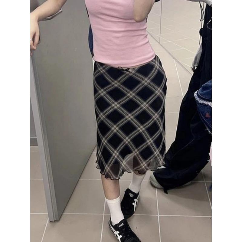 Y2k Vintage Plaid Skirt Women Summer 2024 Korean Style Casual Mesh Print High Waist Slim Midi Skirt Girl 90s Streetwear