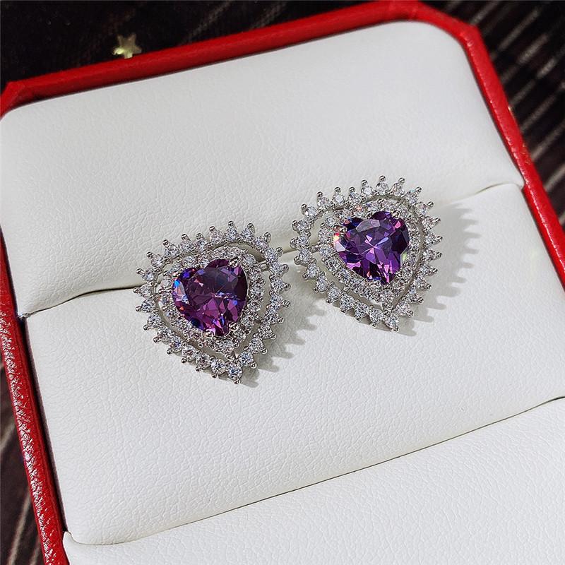 Cao Shi Heart-Shaped Zircon Earrings for Girls - Trendy All-Match Forest Style