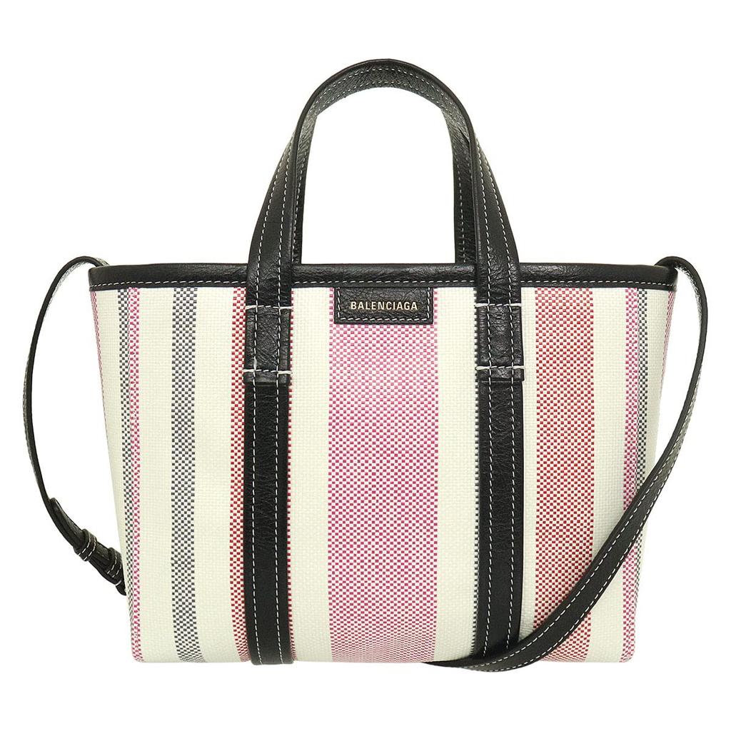 Balenciaga BALENCIAGA Tote Bag 671404 2107S Balbes Nylon Raffia Stripe East West Small Shopper Bag for Women Pink/Gray-Red [Brand] [Used]