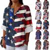 Women's Fashion Casual Button V-Neck Cotton And Linen Independence Day Printed Seven Sleeve T-Shirt Top