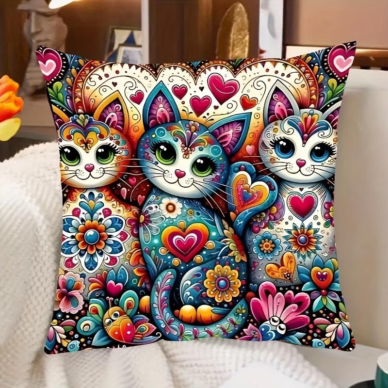 1Pc Boho Vibrant Cat & Floral Print Peach Fuzz Velvet Pillow Cover Soft Plush Texture | Hidden Zipper & Machine Washable