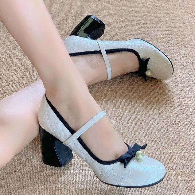 New Bow Round Head High Heels Women's Shallow Mouth with Mary Jane Shoes Thick Heel Single Shoes