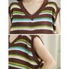 Dimanaf 2025 Summer Plus Size T-Shirt Knitting V-Neck Stripe Vintage Women Sleeveless Loose Tops Tees