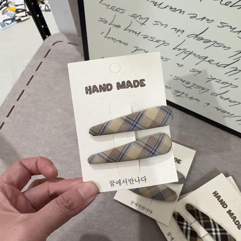 Korean Plaid Water Drop BB Clips: Elegant Retro Hairpins for Bangs and Sides