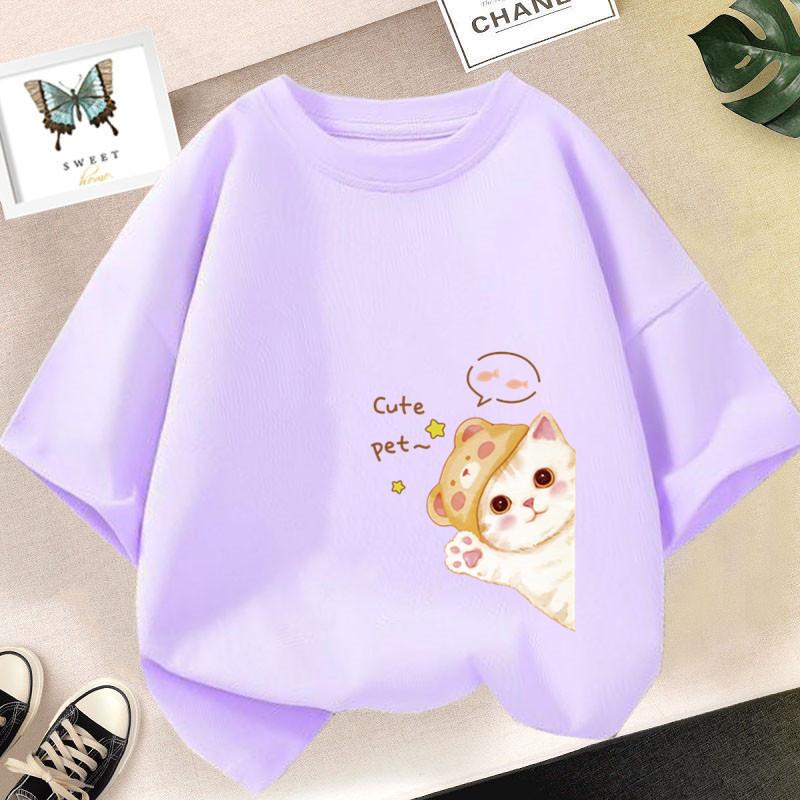 Girls Clothes 2025 Summer Fashion T-Shirt Fun And Cute Cat  Print Short-Sleeved Tops Children Summer Clothes