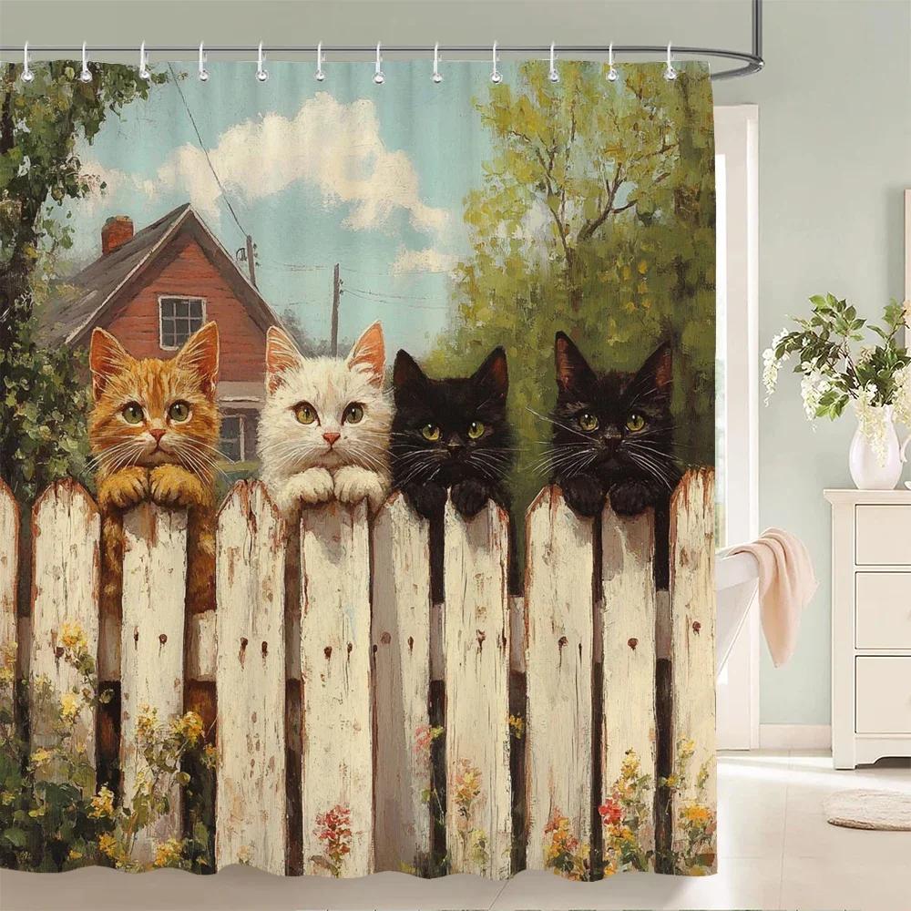 Lovely Cat and Dog Animal Shower Curtain Country Scenery Cats and Dogs Printing Bathroom Curtain With Hooks Home Decor Curtain