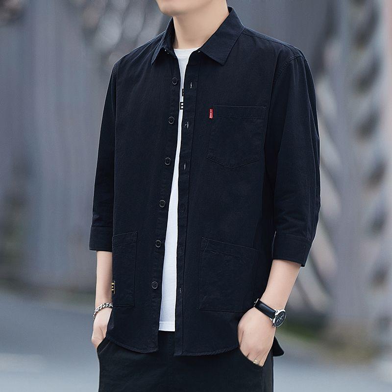 Ανοιξιάτικο και φθινόπωρο Ανδρικό πουκάμισο μονόχρωμο μακρυμάνικο μονόχρωμο πουκάμισο πόλο με λαιμόκοψη Business Casual Fit Top