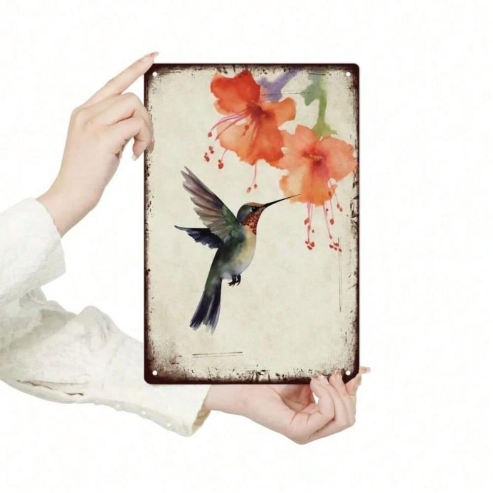 Metal Wall Art Retro Hummingbird with Wild Flowers for Living Room