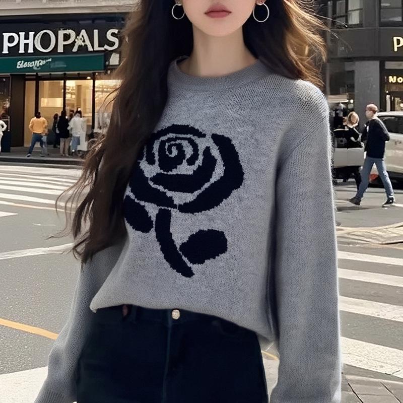 Elegant Rose Pattern Round Neck Pullover - 2025 Spring Knit Sweater for Women