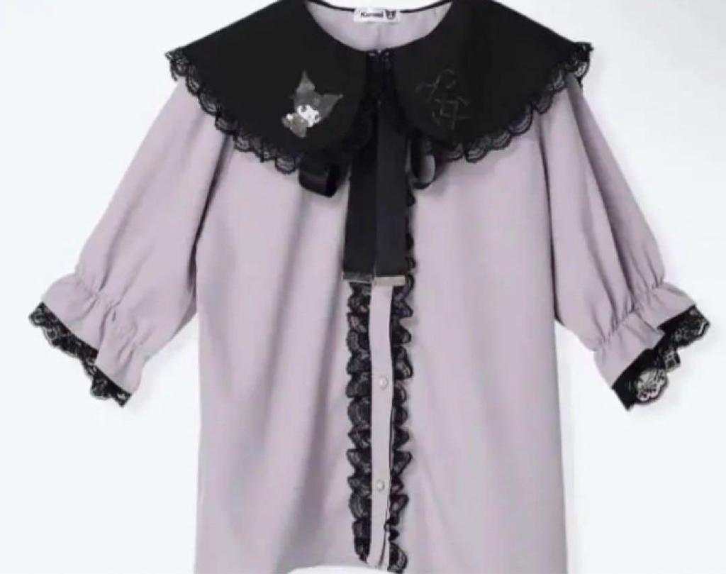 [USED] Sanrio Kuromi Collared Frill Lace Blouse Short Sleeve Shirt Yakuza Dream Kawaii Gothic Lolita