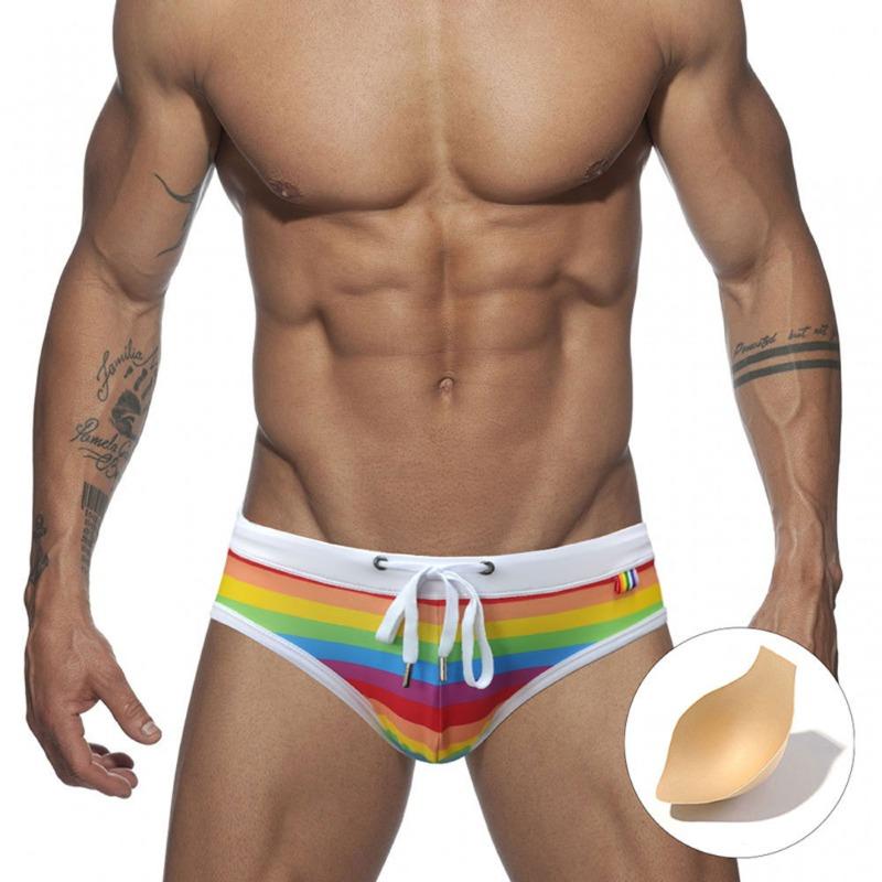 

UXH Men s Color Striped Triangle Swimsuit Sexy Belt Cup U Convex Stereo Beach Triangle Men s Swimsuit XXL