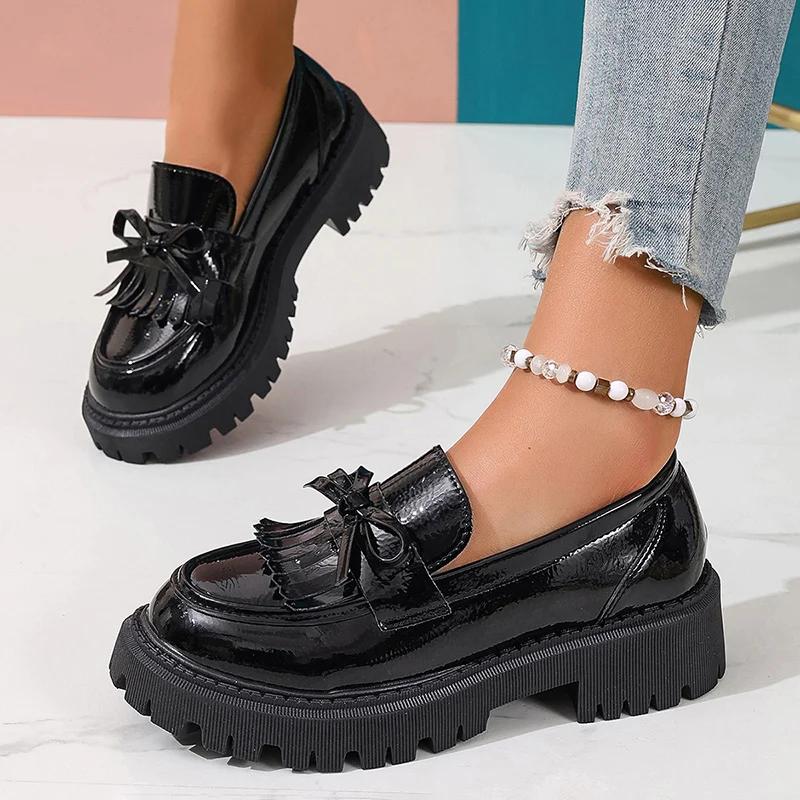 British Style Patent Leather Loafers For Women  Spring Slip On Platform Shoes Woman Bowknot Thick Bottom Student Shoes 42
