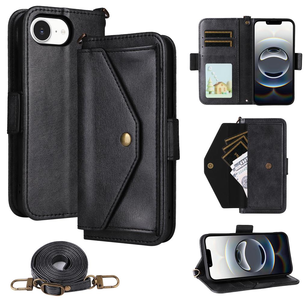For iPhone 16e Leather Case Magnetic Closure Wallet Stand Phone Cover with Crossbody Strap