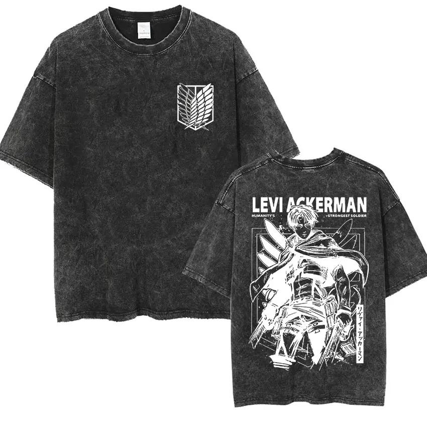 Anime Attack Titan Retro Wash Bedrucktes T-Shirt Mikasa Ackerman Eren Jaeger Freie Flügel Muster Herren Sommer T-Shirt