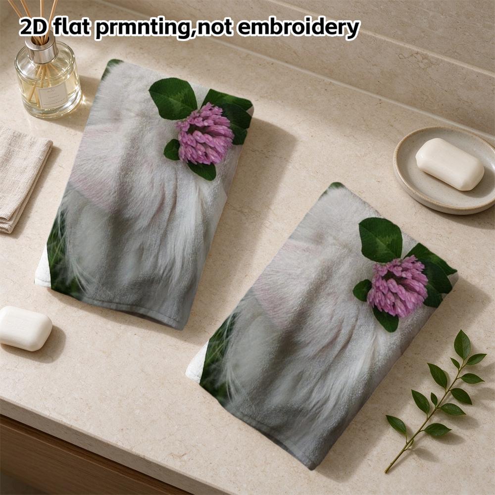 Soft Absorbent Bath Towel, White Cat With Clover Floral Print, Cute Cartoon Hand Towel for Daily Use