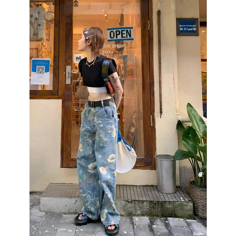 

2024 Summer Women s High-Waist Retro Print Wide-Leg Jeans M
