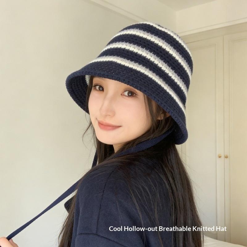 Summer Essential Striped Basin Hat with Knitted Hollow Out Design Foldable for Beach Sunshade