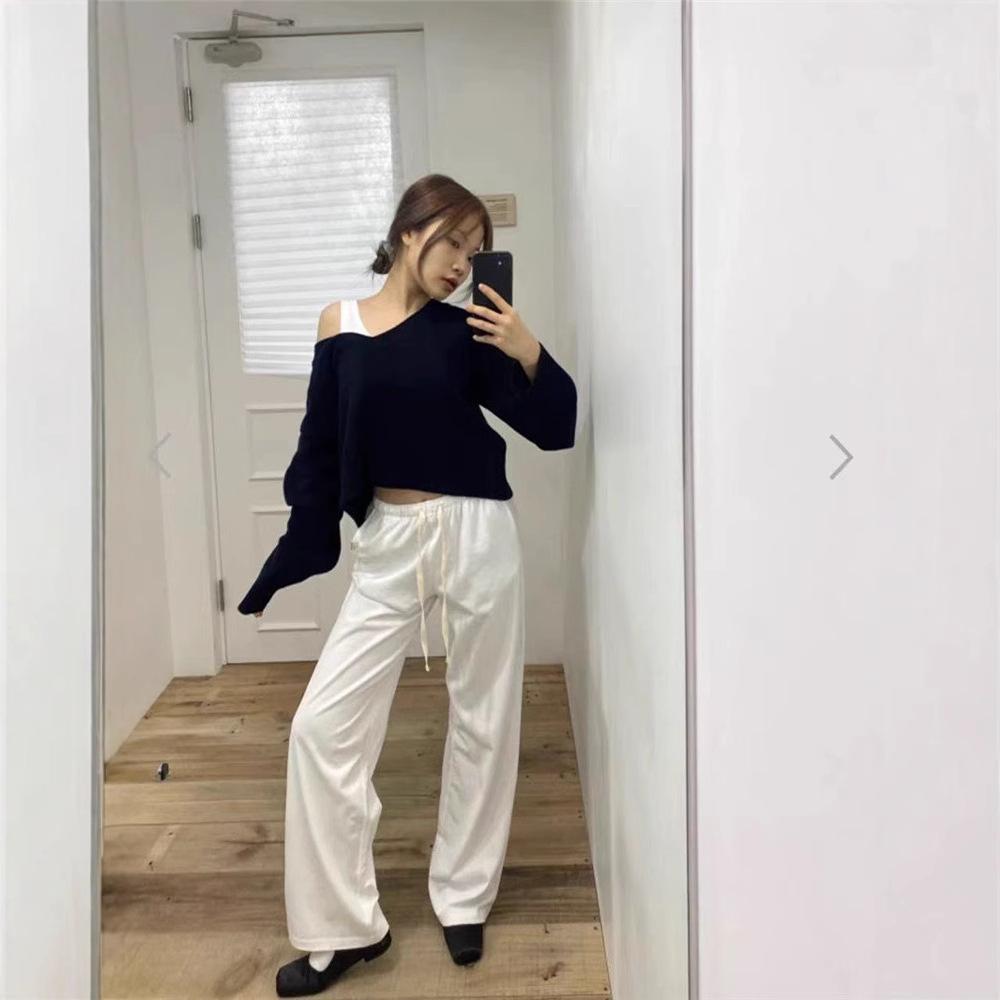 Women's Drawstring Elastic Waist Wide Leg Straight Pants Loose Fit Korean Casual Cotton Sweatpants