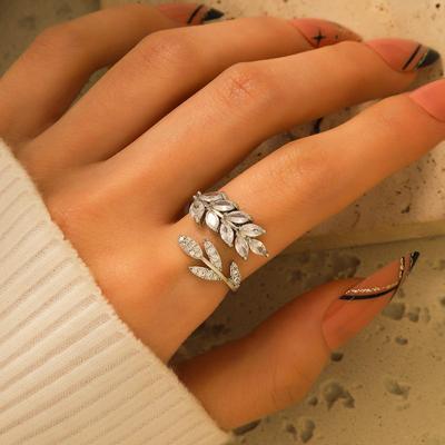 Anillo para Mujer GemChic Personalidad Micro-Incrustado Zirconia Hoja Apertura Anillo Ajustable Anillo para Dedo Índice Femenino Regalo de Joyería de Cumpleaños Navidad