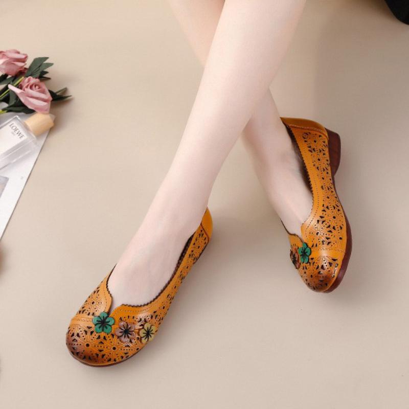 Johnature Versatile Flat Sandals Ethnic Style Genuine Leather Soft Sole Hollow Breathable Women's Shoes