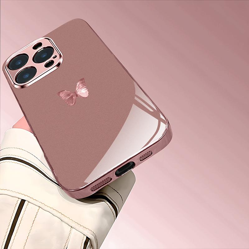 Rosa Schmetterlingsmuster Rosa Metallic Gehärtetes Glas Handyhülle Für iPhone 11 12 13 14 15 16 17 Pro Max 15 Plus 17 Air 17E Hülle