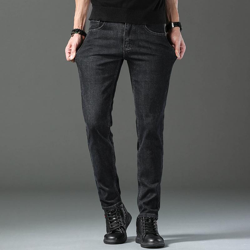 

Осенние и зимние толстые эластичные джинсы мужские свободные прямые деловые универсальные трендовые мужские повседневные брюки 40 чёрный