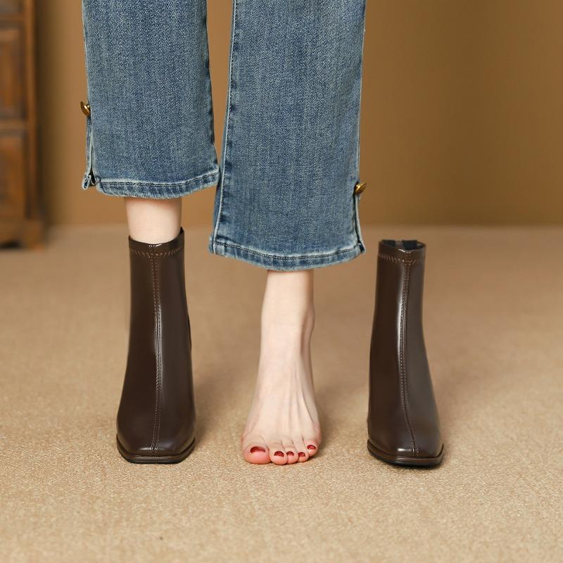 Spring and Autumn Fleece Single Boots Women's Thick Heel Boots Women's Boots High Heel Square Head Short Boots Martin Boots Rear Zipper Short Boots