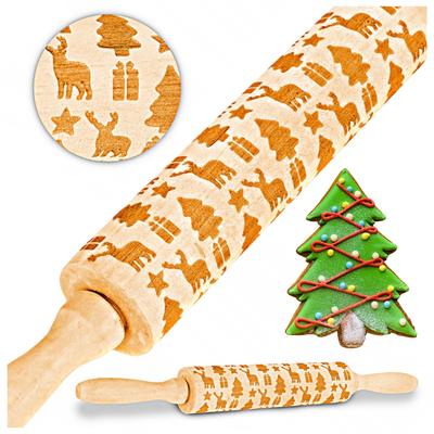 Christmas-themed Wooden Structured Engraved Rolling Pin for Gingerbread Cookies