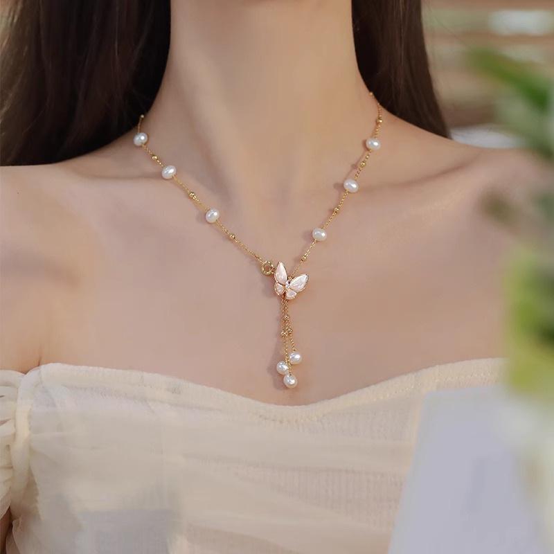 Titanium Steel Butterfly Tassel Necklace with Freshwater Pearls and Mother-of-Pearl for Women