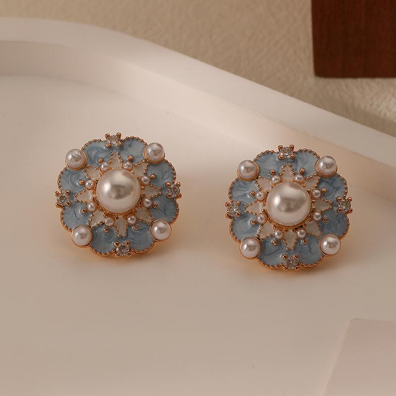 Vintage French Blue Enamel Flower Pearl Earrings - Light Luxury Retro Style for Women