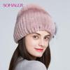 SOMALER Cappello invernale da donna in pelliccia di coniglio Rex autentico lavorato a maglia con cappuccio floreale in pelliccia di volpe argentata