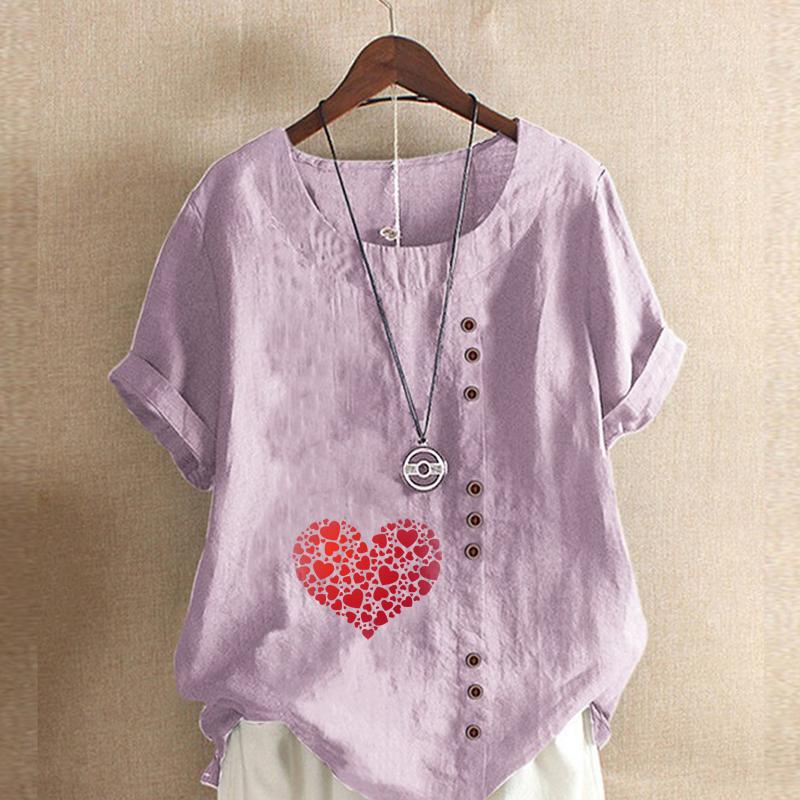 Women's Fashion Round Neck Short Sleeve T-shirt Casual Cotton Linen Graphic Shirt Leisure Loose Heart-shaped Prined Summer Blouse Tops
