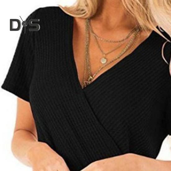 Damen-Oberteile, kurzärmelig, V-Ausschnitt, plissierter Saum, einfarbig, drapiertes T-Shirt mit seitlichen Knöpfen, für den Alltag