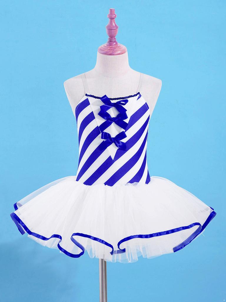 Kinder Gestreift Bedrucktes Tanzkleid Mädchen Mesh Tutu Eiskunstlaufkleid Aufführung Tanzkostüm