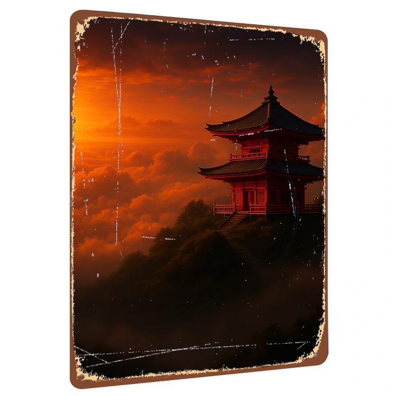 Chinese Ancient Architecture Sunset Clouds Art Custom Iron Wall Decor for Living Room Study 20X30CM