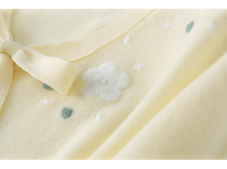 2025 A/W Women's Embroidered Wool Cardigan - Round Neck, Long Sleeve, Tie-Up Design