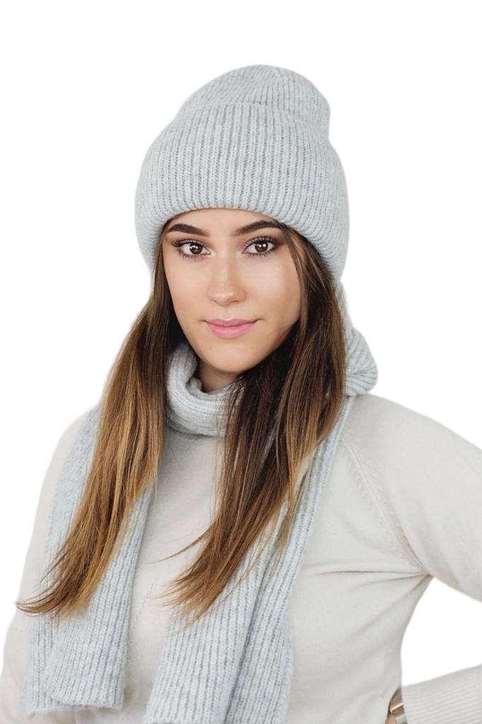 Alma Set Hat with Scarf in Striped Color Light Gray
