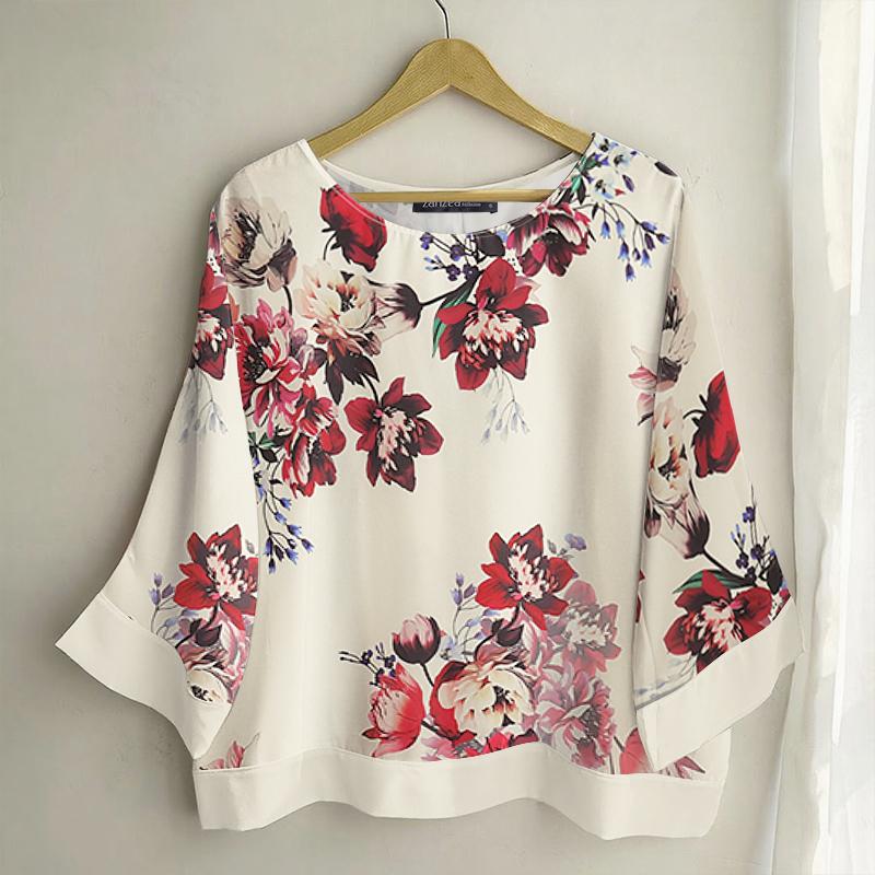ZANZEA Women Casual Round Neck 3/4 Sleeve Loose Floral Print Blouse