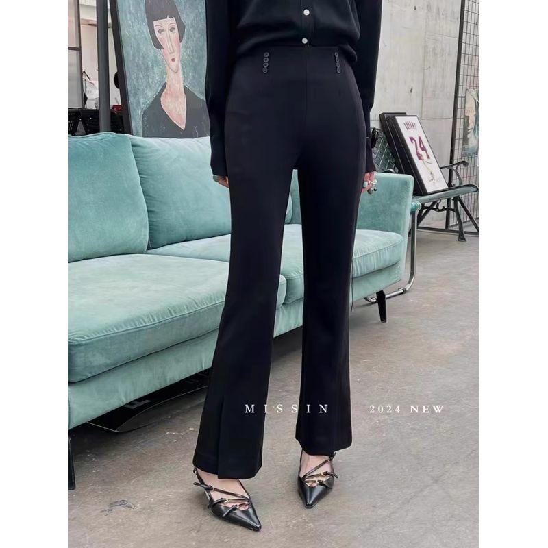 High Elasticity Bootcut Trousers! Women's 2024 Spring/Summer Small Split Trousers Mop Pants Giant Leg Shape Front Button Embellishment