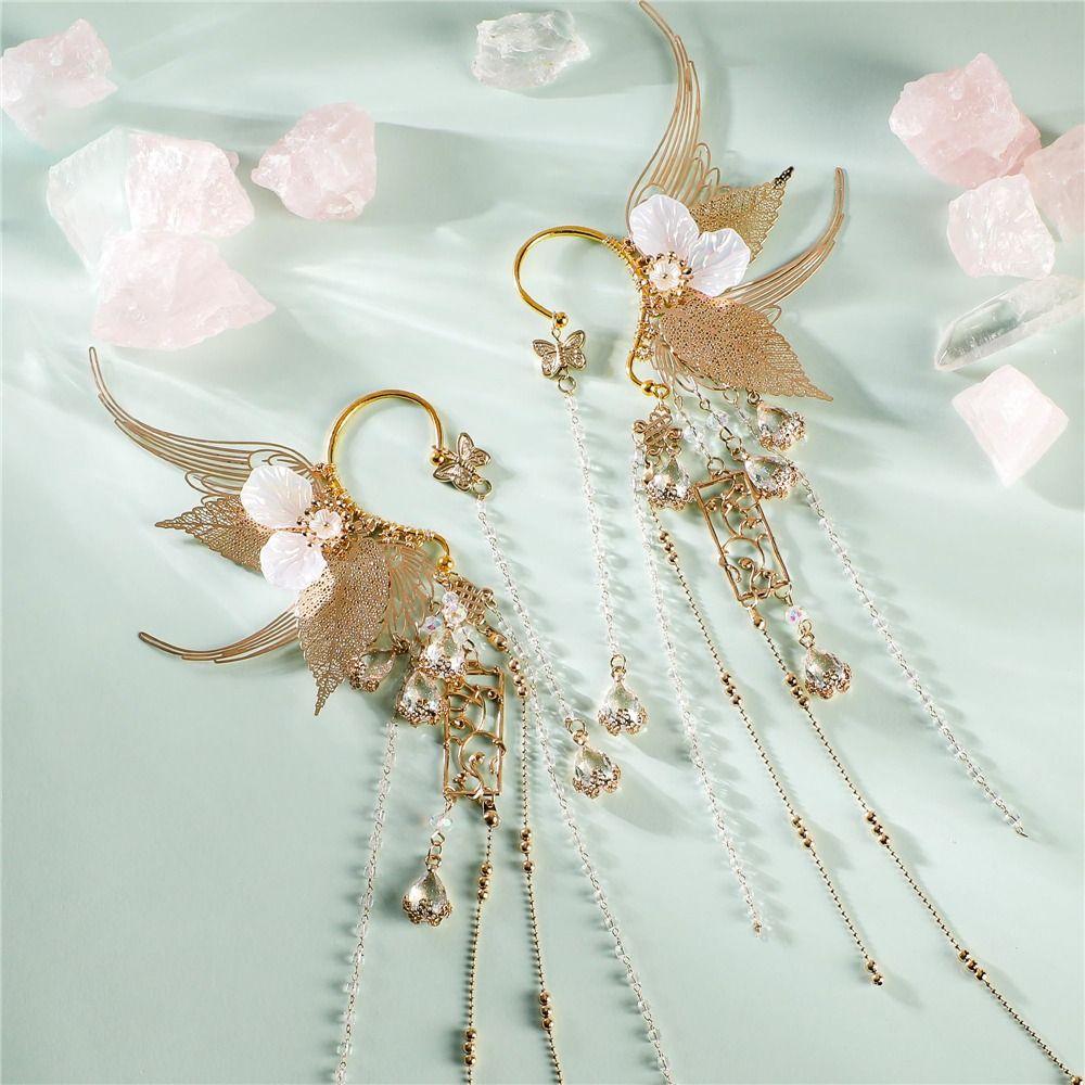 White Flower Fairy Ears Gold Leaf Non-Piercing Earrings  for Halloween Christmas Wedding Party