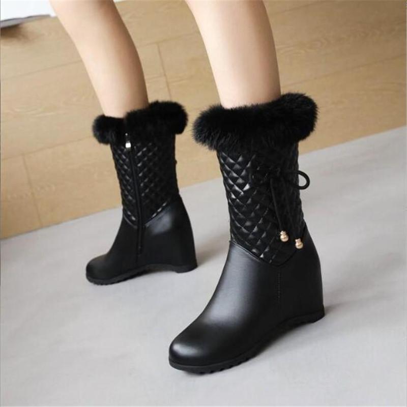 Vinter Dam Snökängor Mode Varma Plysch Mellanvadsstövlar Damer Rund Tå Dragkedja Kilklack Snökängor Svart Vit Storlek 33-43