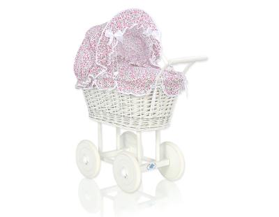 Tall Wicker Doll Stroller with Pink Bedding and Lining - White