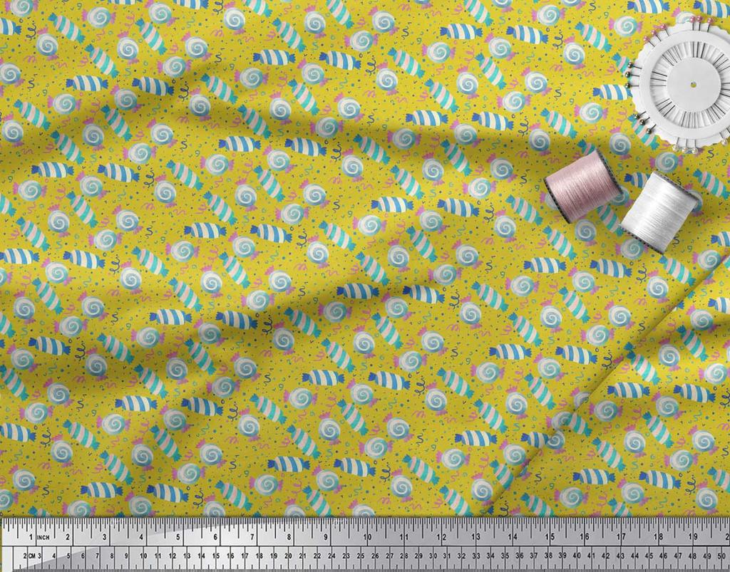 Soimoi Blue Japan Crepe Satin Fabric Dot & Candies Food Print Fabric by metre 42 Inch