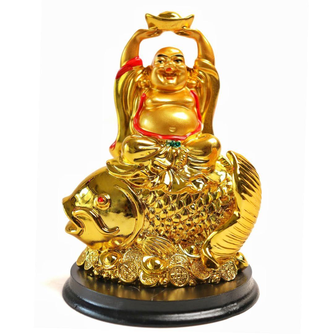 

The Spiritual Living Golden Laughing Buddha Idol on Arowana Fish | 4 Inch | Feng Shui Statue for Prosperity, Wealth & Career Growth