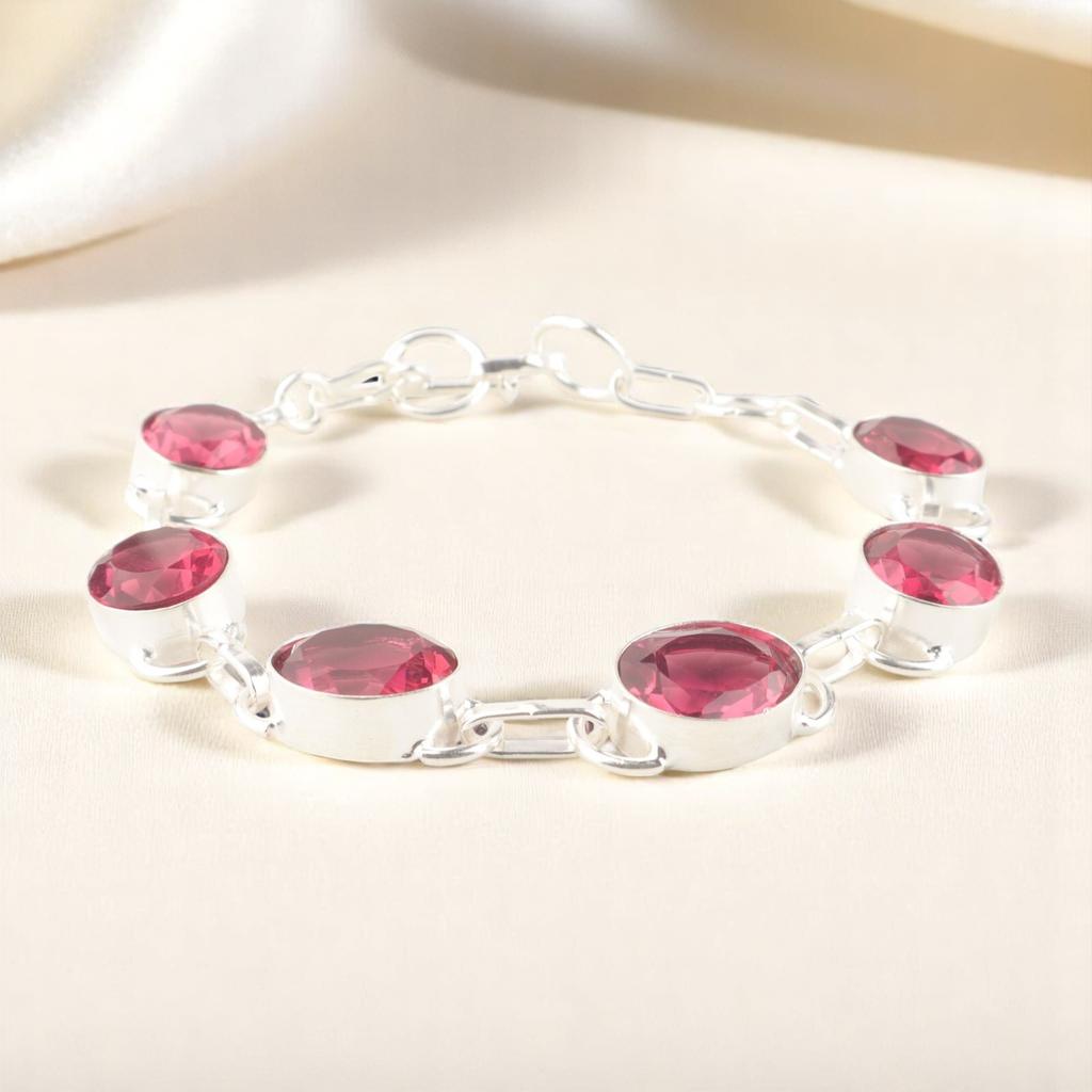 Pink Tourmaline Gemstone 925 Sterling Silver Jewelry Handmade Gift Bracelet 8" RB-10-5
