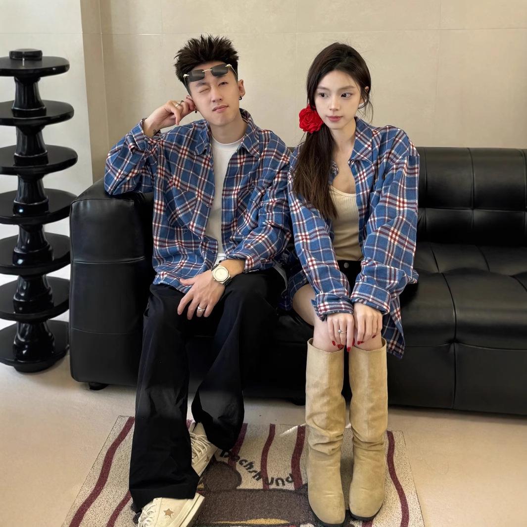 

Мужская рубашка с длинным рукавом в клетку в стиле ретро - Корейский стиль, повседневная и универсальная для осени/весны XL синий