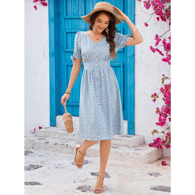 

Summer New Arrival French Style Design Waist-Tight Slimming Large Hem Dress Sleeve Bows Half-Open Buckle Waist-Tight Dress Light Blue S