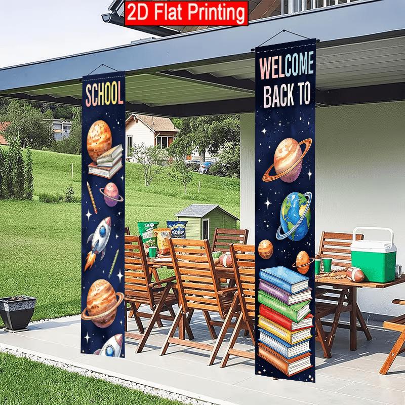 2D Flat - 2D Flat - 2pcs 2D Flat Back to School Themed Porch Banner, 30.48X179.83 cm Polyester Door Couplet, Rocket, Planet, Colored Lead, Book Design