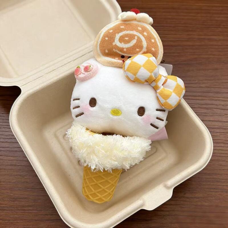 Japanese Style Ice Cream Hello Kitty Plush Toy Cute Cartoon Keychain Bag Pendant Bedroom Sofa Decoration Gift for Friends